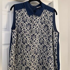 Halogen Navy and White Lace-Front Sleeveless Collared Blouse